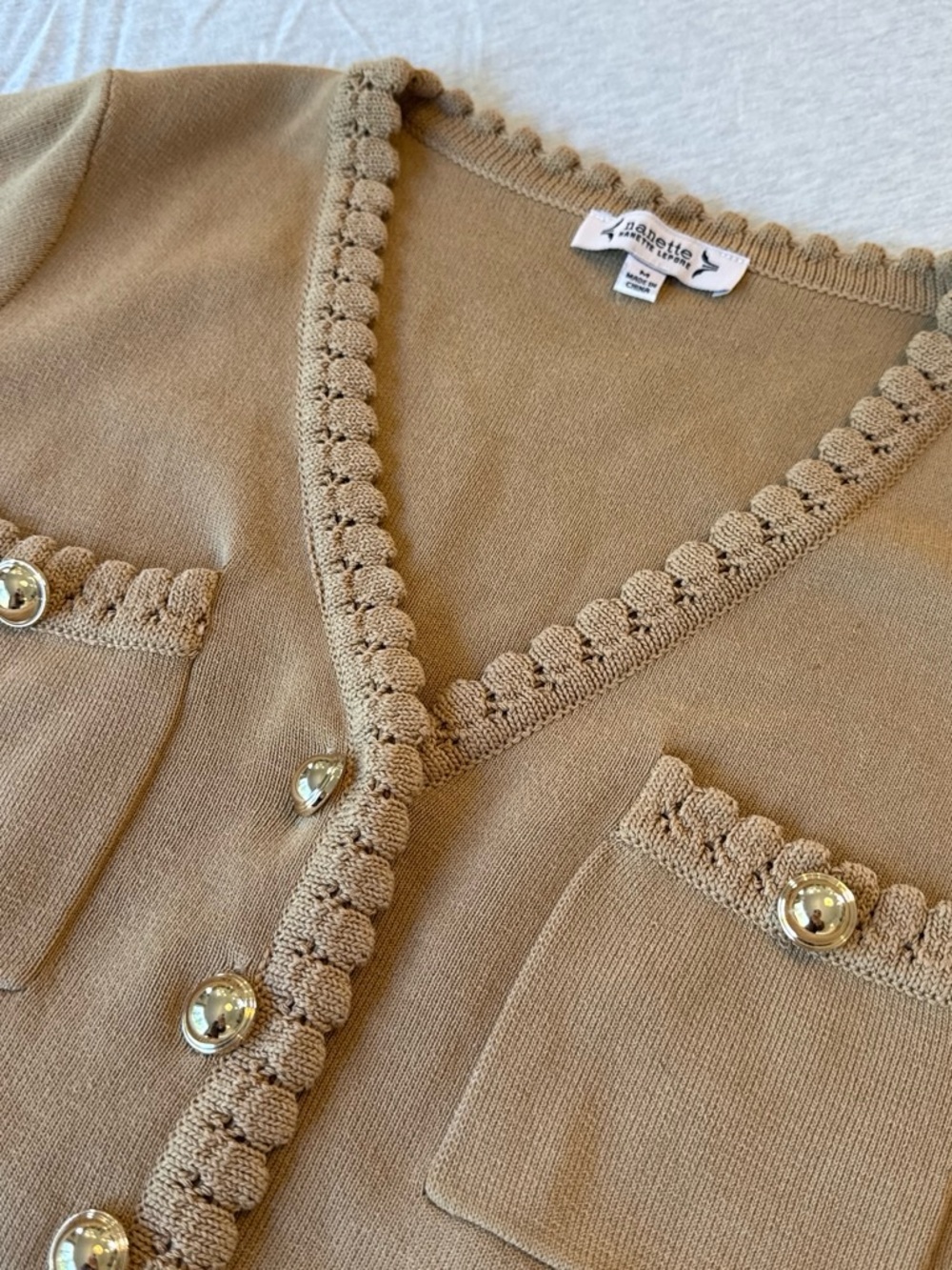Nanette Lepore Camel Short-Sleeve Cardigan with Gold Buttons - Picture 2 of 5